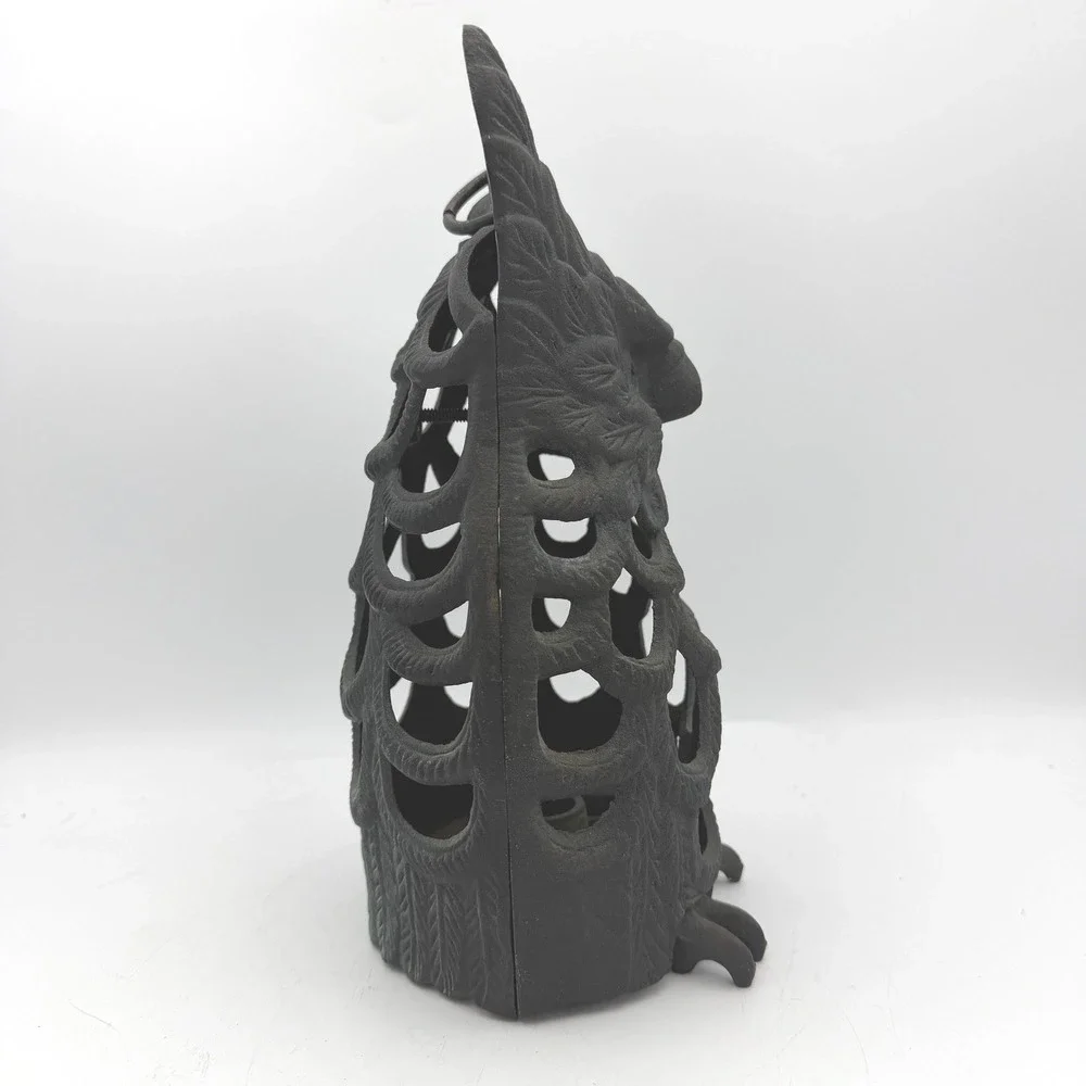 Vtg Owl Lantern Decor Black Cast Iron Hanging Garden Lantern Candle Holder
